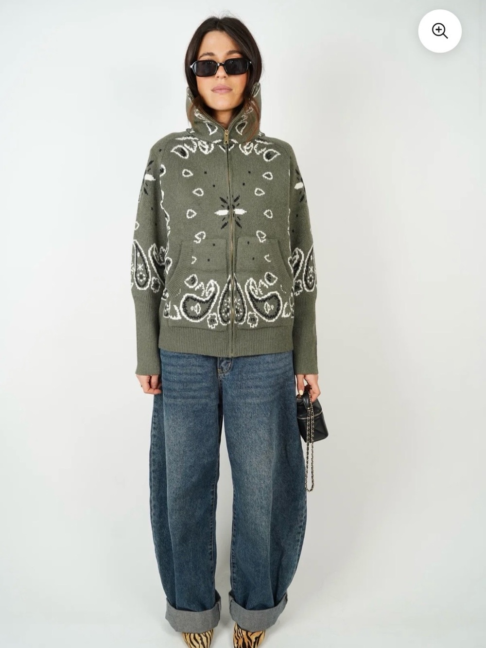 “Ava Be” Olive Bandana-Pattern Zip Up Jacket